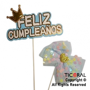 CAKE TOPPER CON 1 MOO FELIZ CUMPLEAOS CELESTE